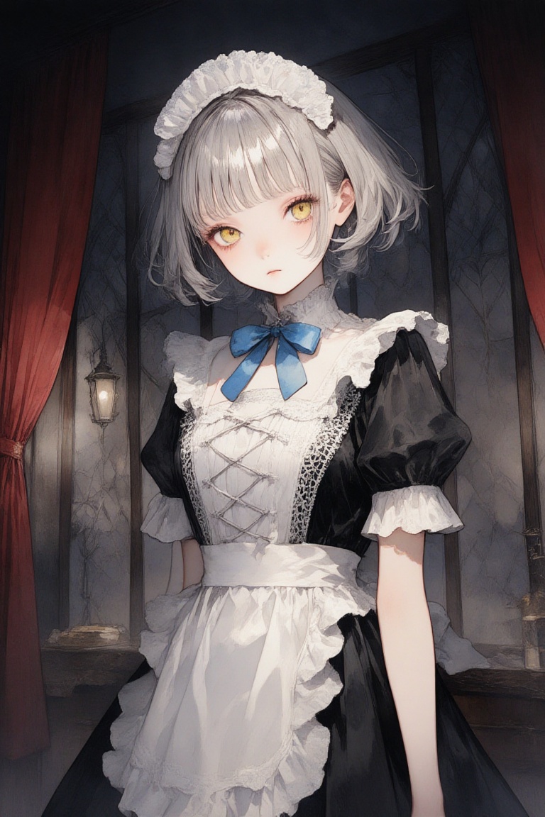 Anime-style illustration of a young woman with short,  silver hair and yellow eyes,  wearing a black and white maid outfit...