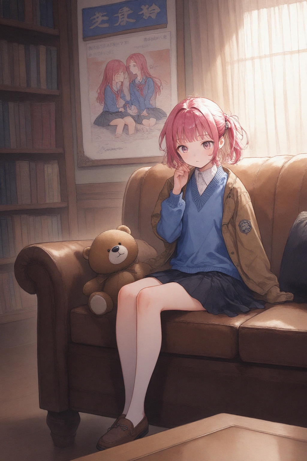 Anime-style illustration of a young girl with pink hair,  sitting on a brown couch with a teddy bear beside her. She is we...