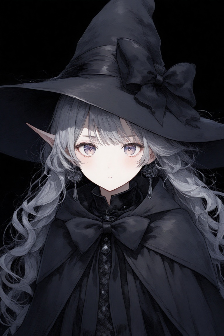 Anime-style drawing of a young woman with long,  wavy gray hair and pointed ears,  wearing a black witch's hat with a larg...