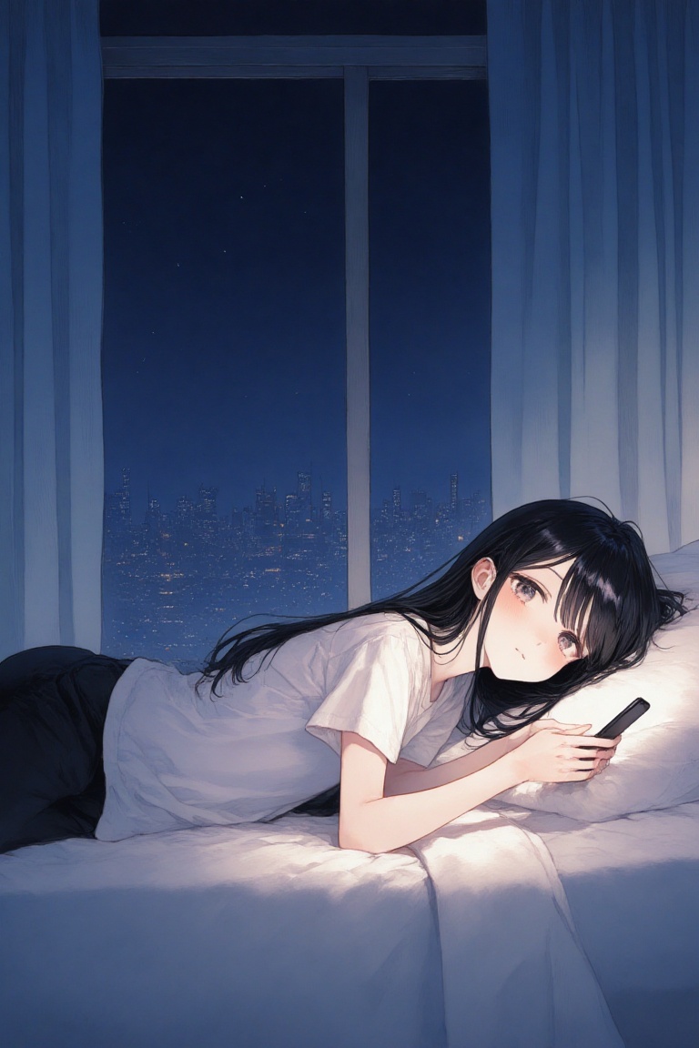 Anime-style illustration of a young woman lying on her stomach on a bed,  holding a smartphone. She has long,  straight bl...