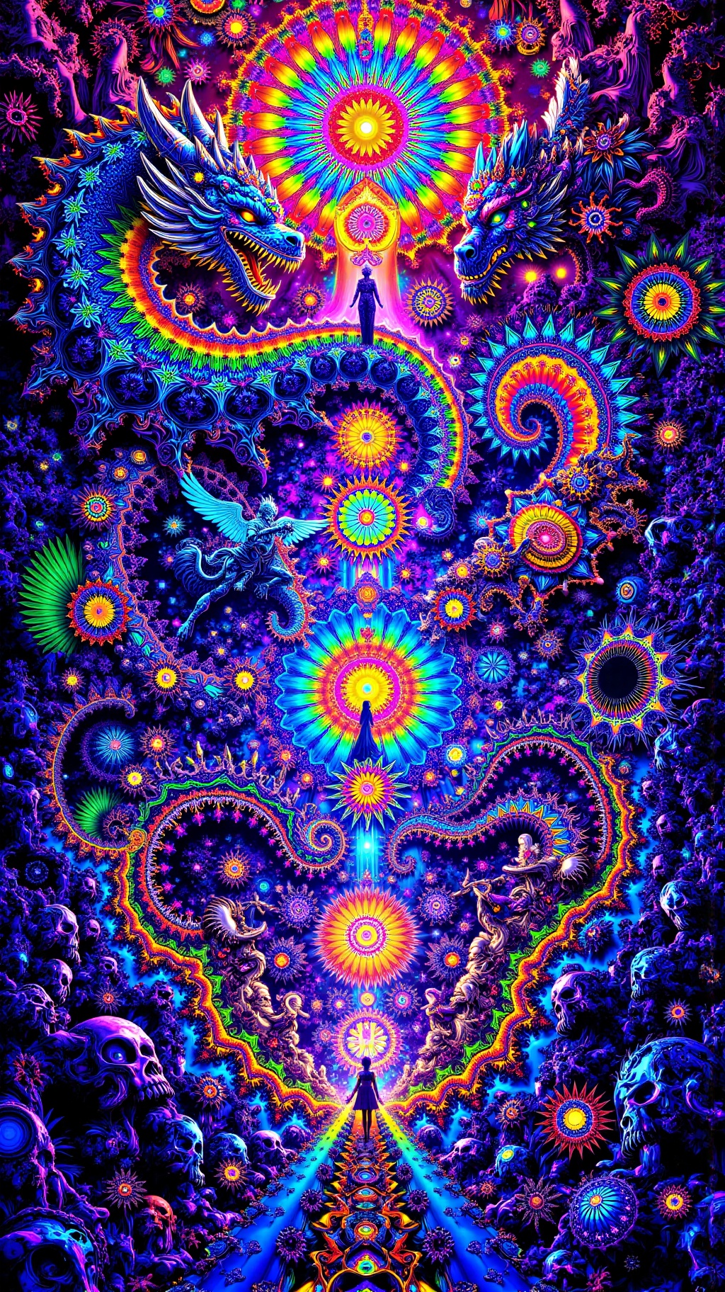Ultra-detailed psychedelic UV blacklight neon artwork with striking colors,  random composition. A colossal neon Asian dra...