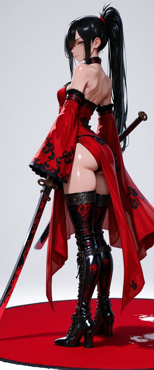 A 70mm lens captures aAn animated image of a woman in a red dress with a sword in her right hand. The woman is standing on...