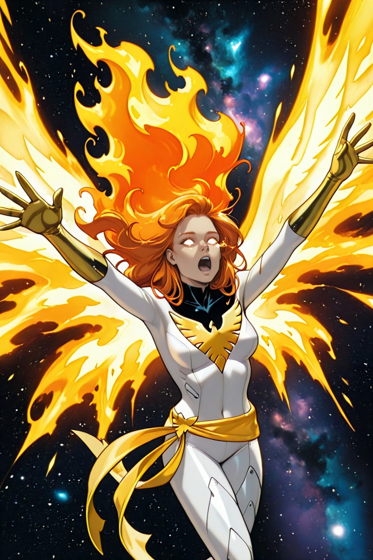 WhitePhoenix,  fiery wings,  space on Tensor.Art