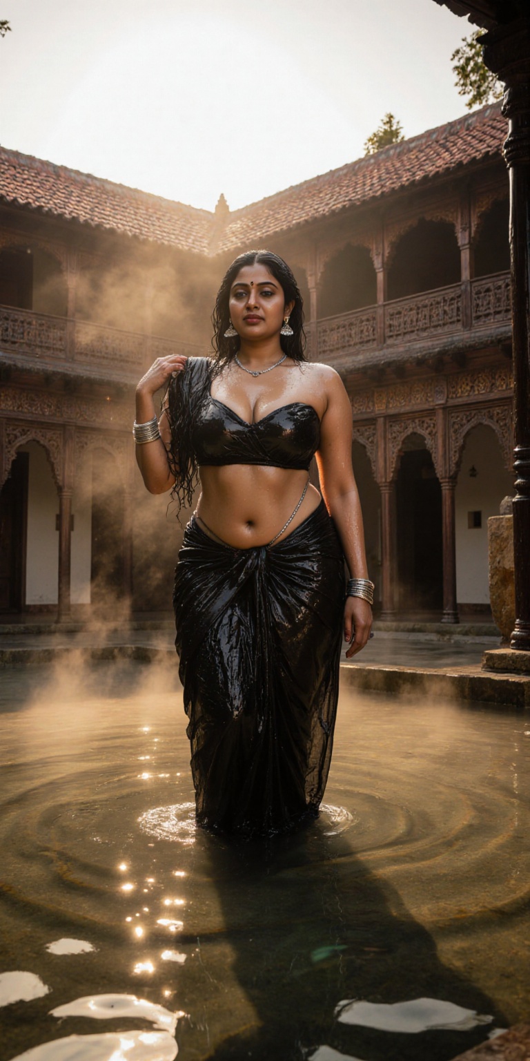 A hyper-realistic cinematic portrait of a beautiful Indian woman standing gracefully inside the courtyard of a Kerala Nalu...