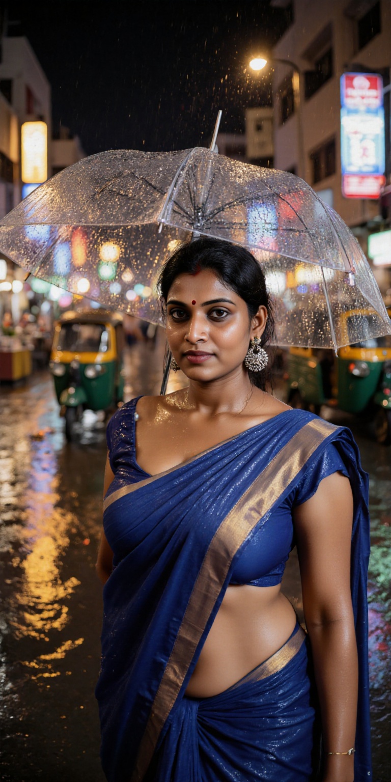 Vivid,  photorealistic portrait of a young Indian woman in Mumbai at dusk,  standing beneath glowing streetlights on a rai...