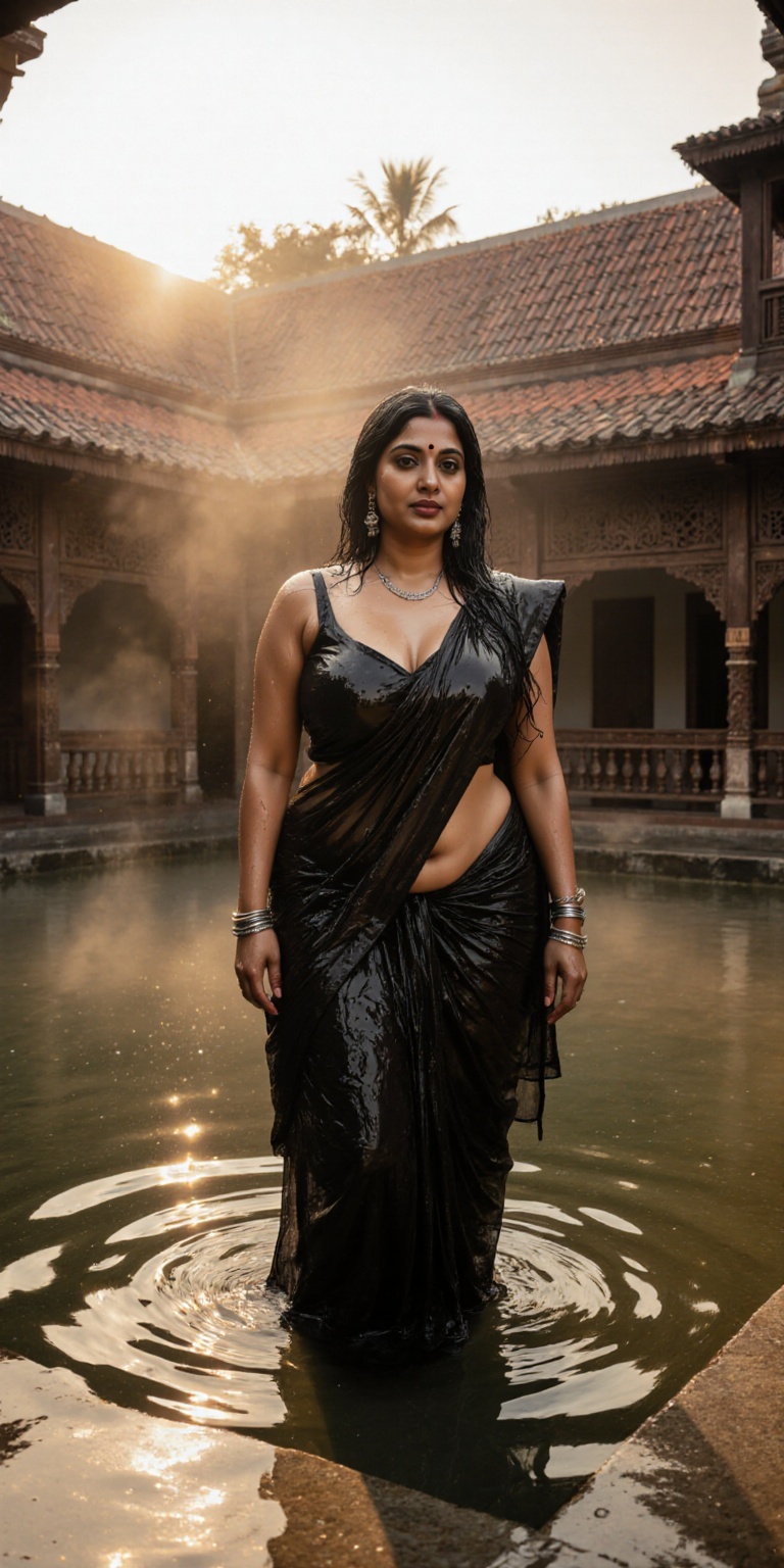A hyper-realistic cinematic portrait of a beautiful Indian woman standing gracefully inside the courtyard of a Kerala Nalu...