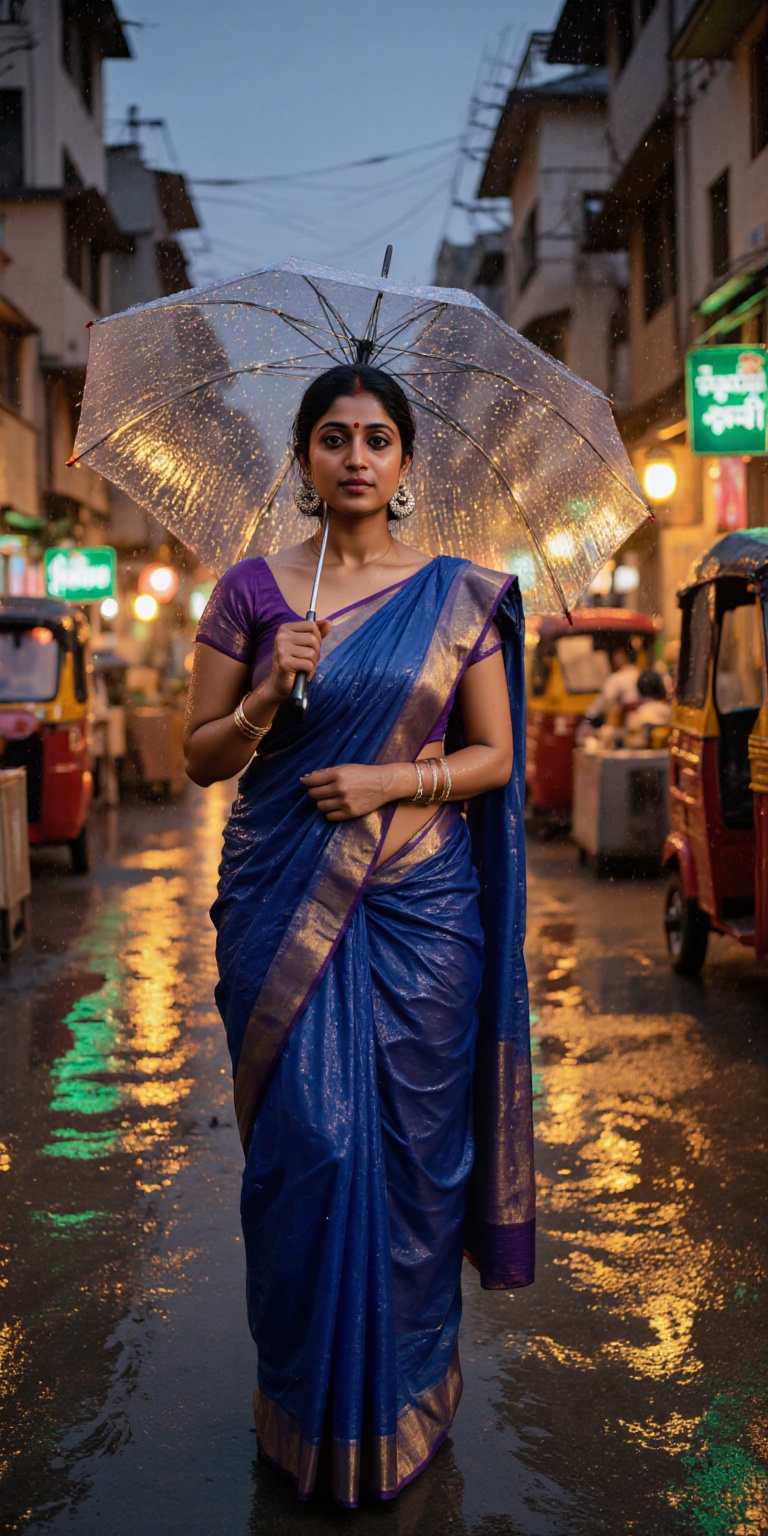 Vivid,  photorealistic portrait of a young Indian woman in Mumbai at dusk,  standing beneath glowing streetlights on a rai...
