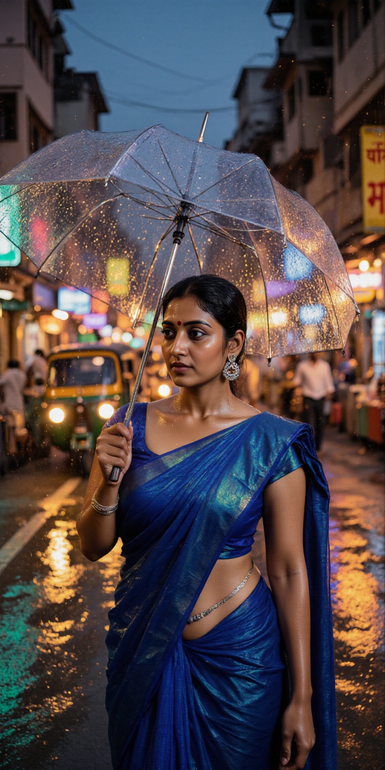 Vivid,  photorealistic portrait of a young Indian woman in Mumbai at dusk,  standing beneath glowing streetlights on a rai...