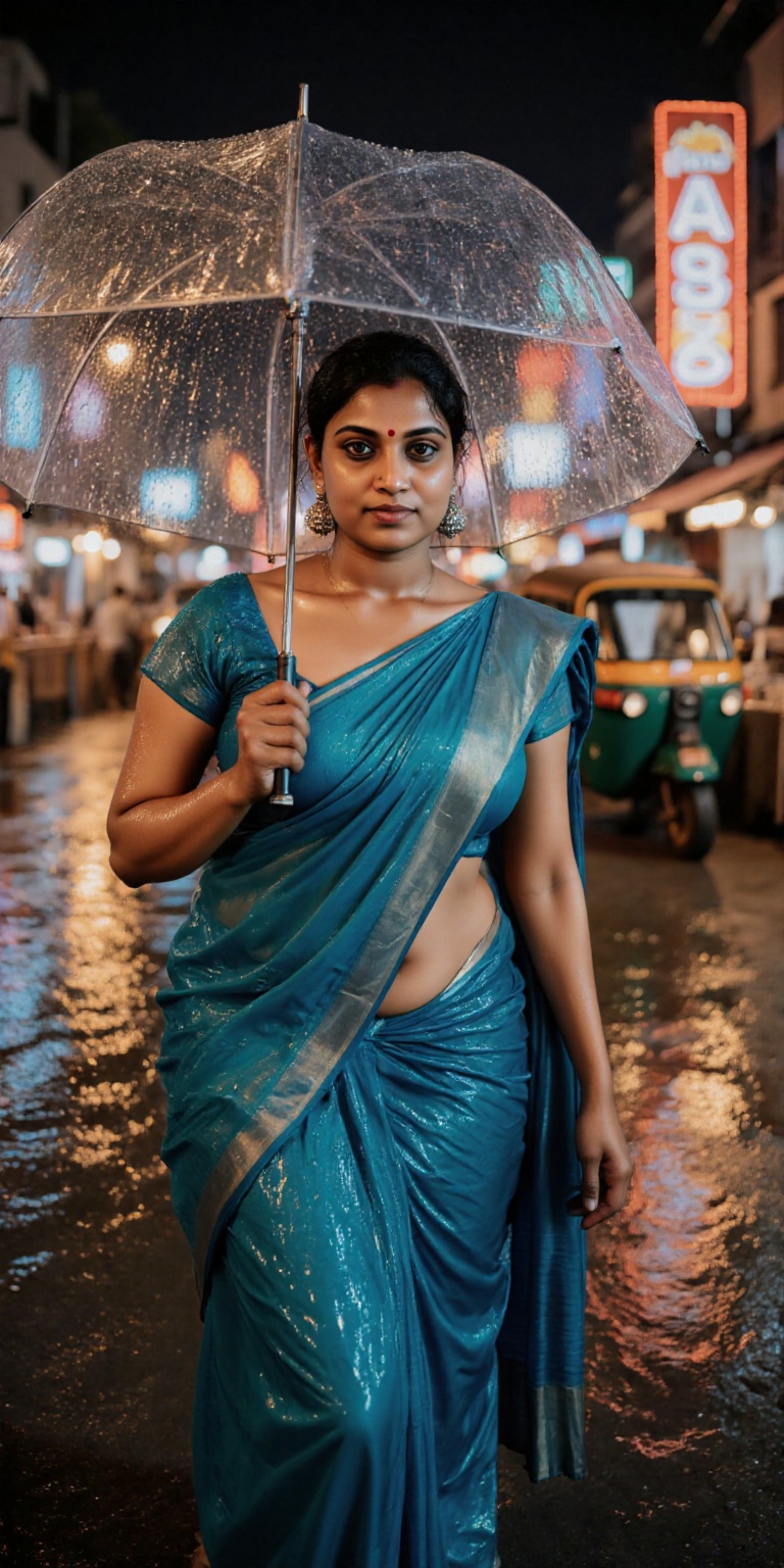 Vivid,  photorealistic portrait of a young Indian woman in Mumbai at dusk,  standing beneath glowing streetlights on a rai...