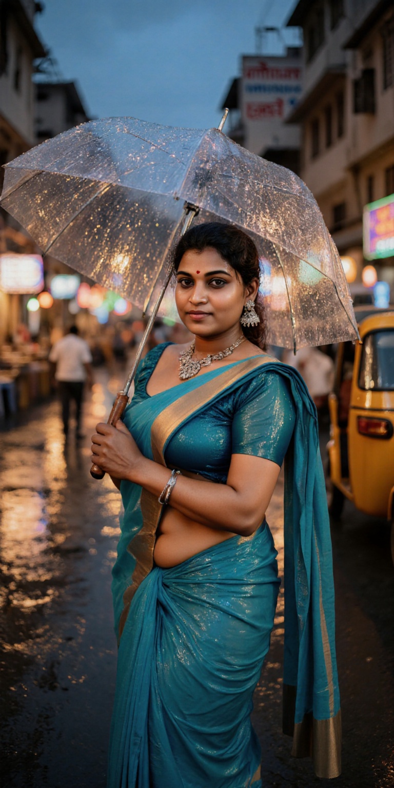 Vivid,  photorealistic portrait of a young Indian woman in Mumbai at dusk,  standing beneath glowing streetlights on a rai...