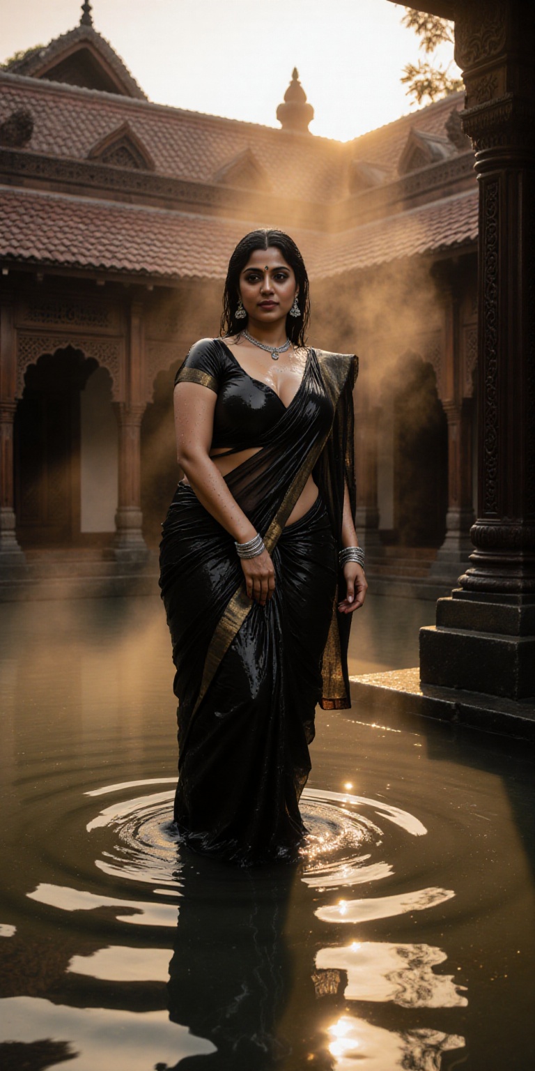 A hyper-realistic cinematic portrait of a beautiful Indian woman standing gracefully inside the courtyard of a Kerala Nalu...