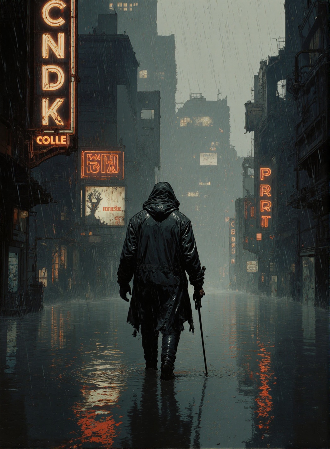 Cinematic Matte Painting Style,  A hooded figure in a torn raincoat trudges through a flooded post-apocalyptic city,  neon...