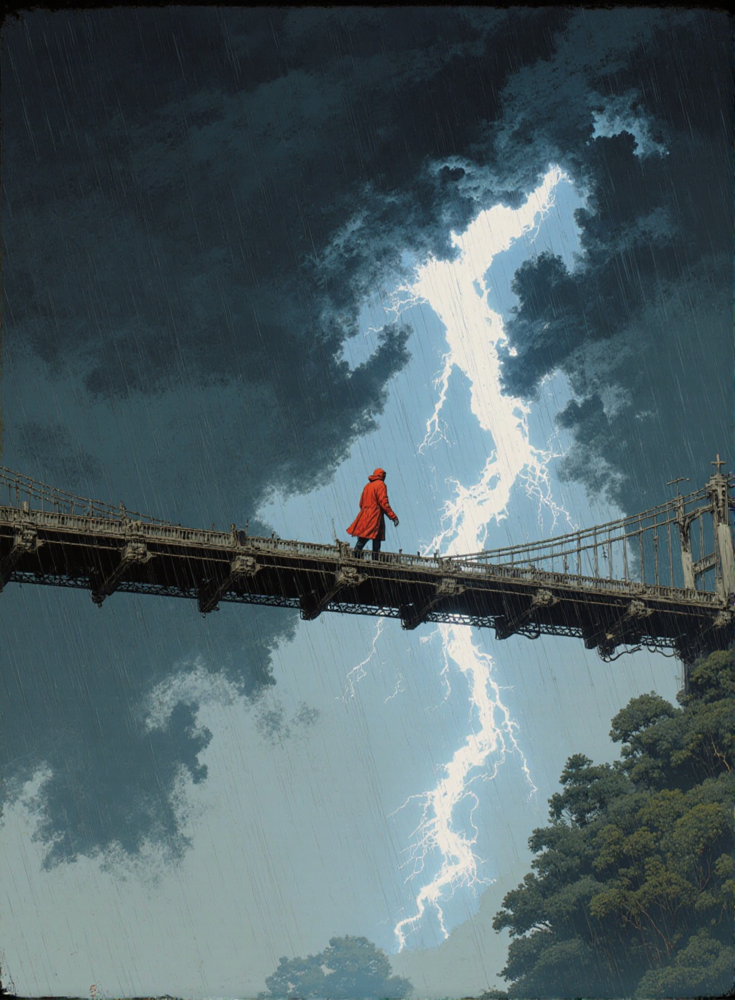Cinematic Matte Painting Style,  A figure in a red raincoat crosses a suspension bridge as lightning illuminates the storm...