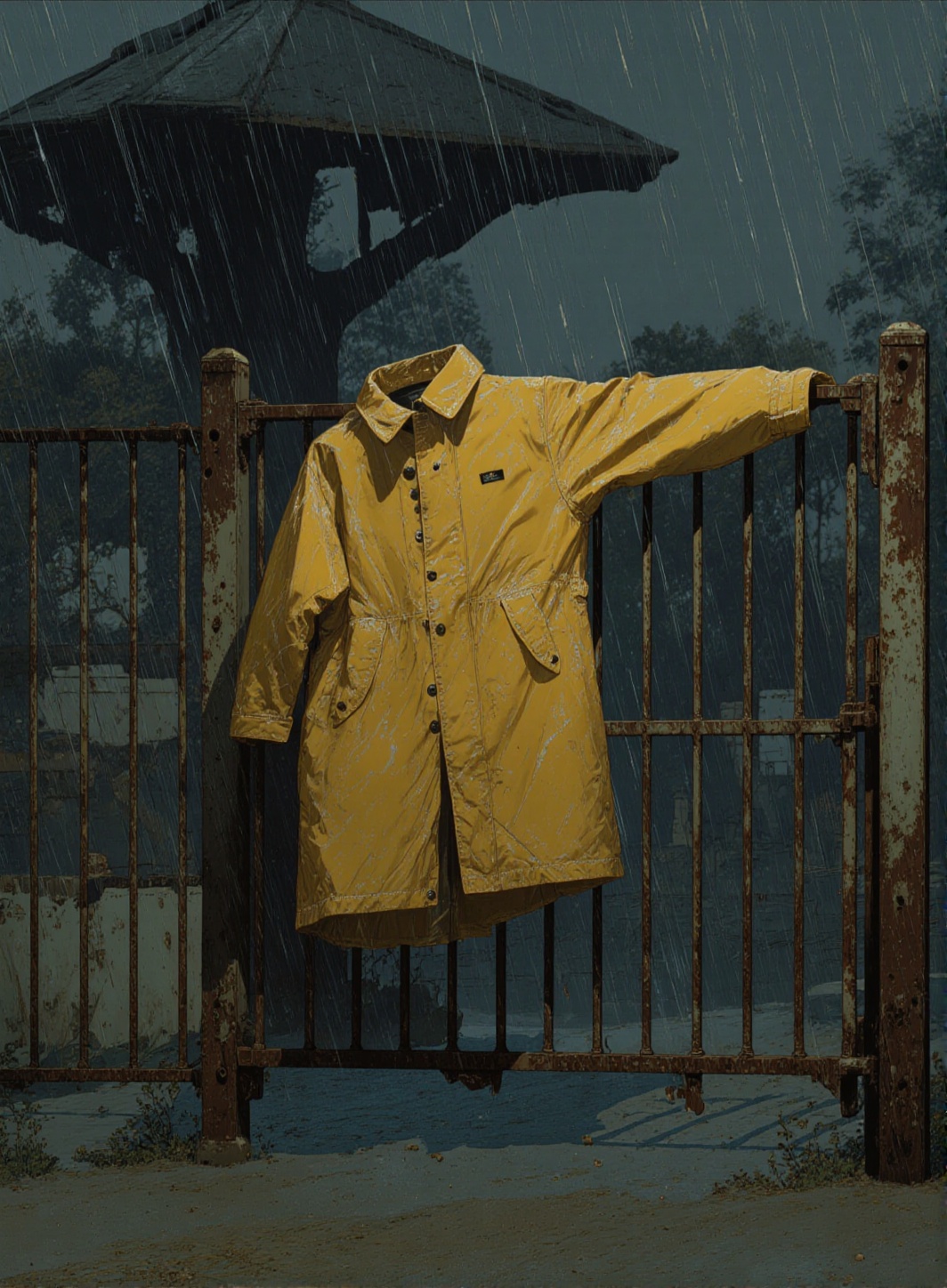 Cinematic Matte Painting Style,  A lone yellow raincoat hangs on a rusted fence in an abandoned playground,  rain pouring...