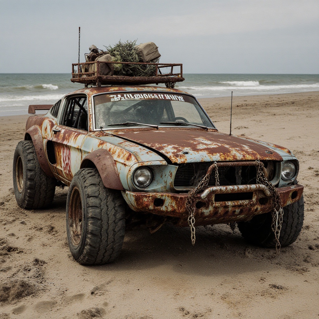 rusty Ford mustang,  dried ocean floor,  sand on Tensor.Art