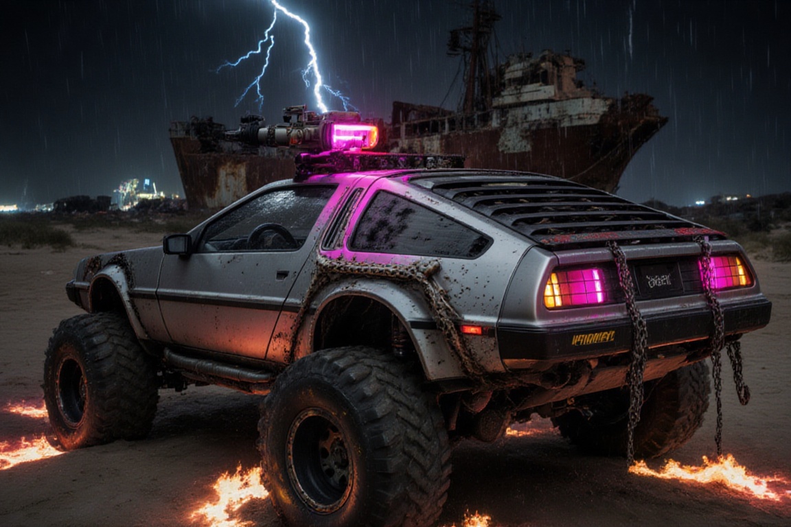 silver Delorean DMC-12 offroad style,  4 bigfoot offroad wheels,  automatic **** lasergun pink neon glowing on the car roo...