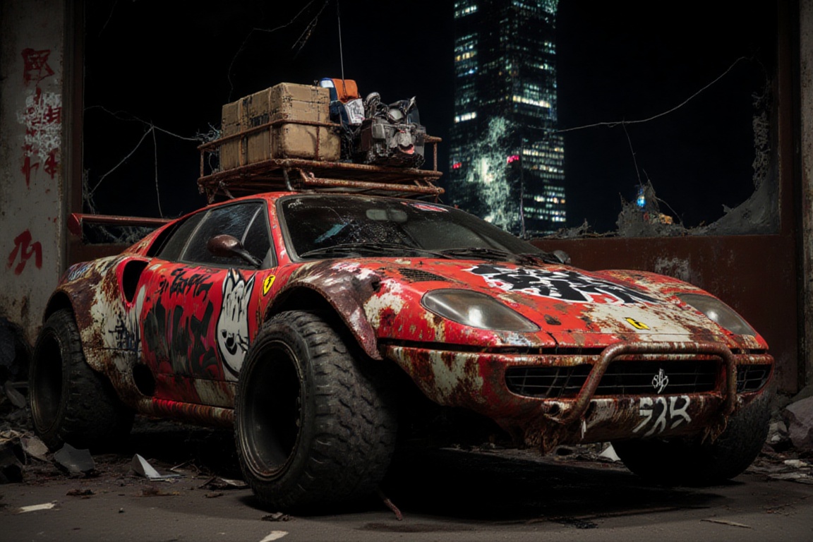of a wide-body,  rusty off-road red ferrari laferrari ,  featuring black graffiti japanese characters written on it on Ten...