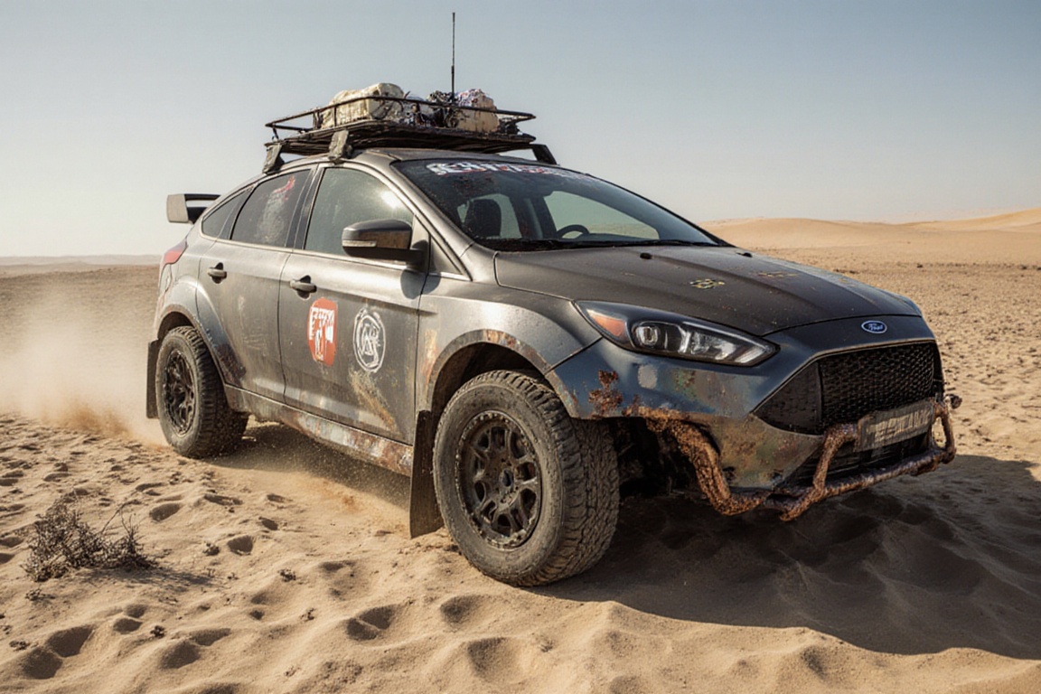 Ford focus sedan,  dried ocean floor,  sand on Tensor.Art