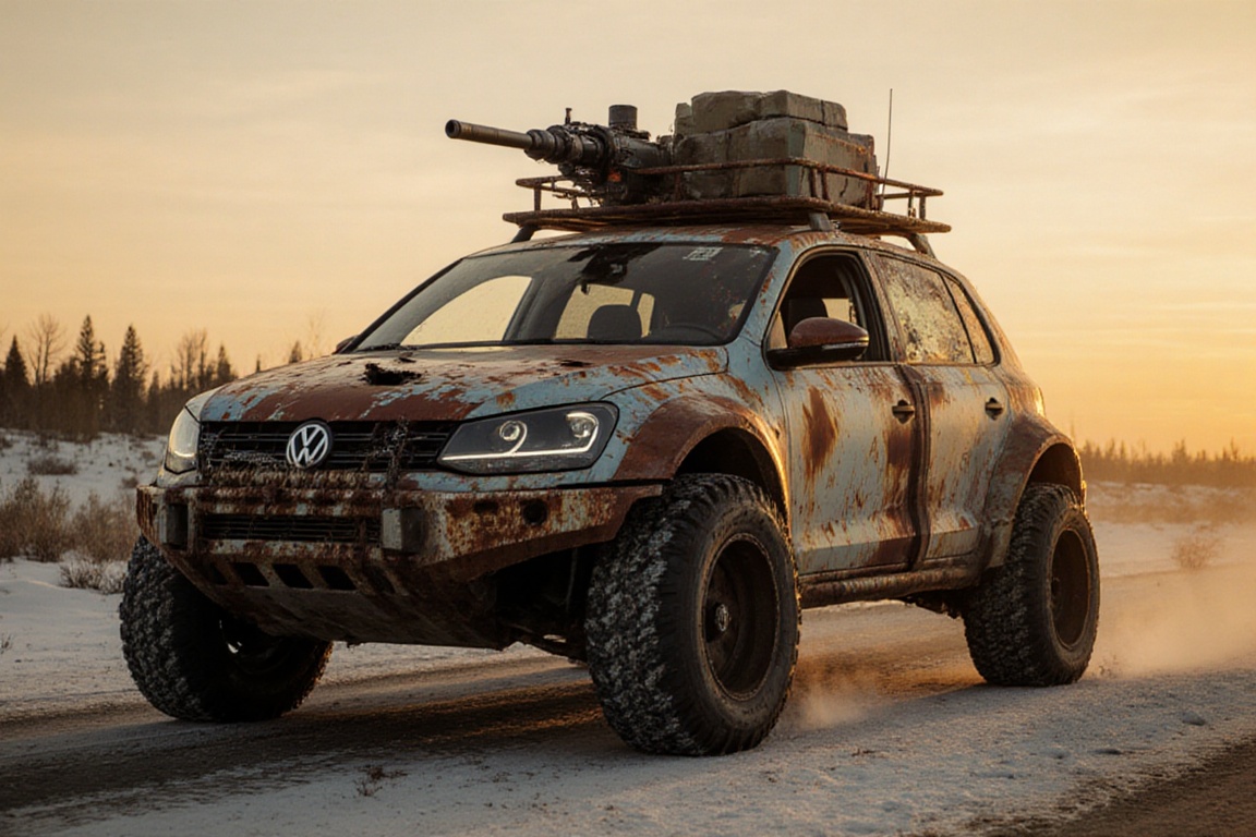 diy rusty car,  4 bigfoot car wheels,  automatic **** machinegun on the car roof on Tensor.Art