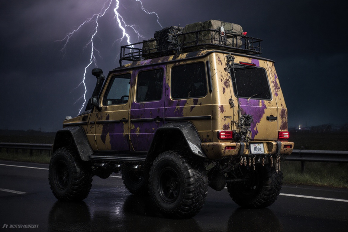 Mercedes-Benz G 63 AMG 6x6,  6 bigfoot car wheels,  **** gun in the trunk on Tensor.Art