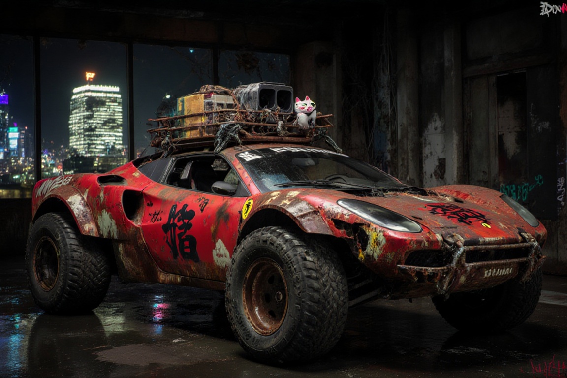 of a wide-body,  rusty off-road red ferrari laferrari ,  featuring black graffiti japanese characters written on it on Ten...
