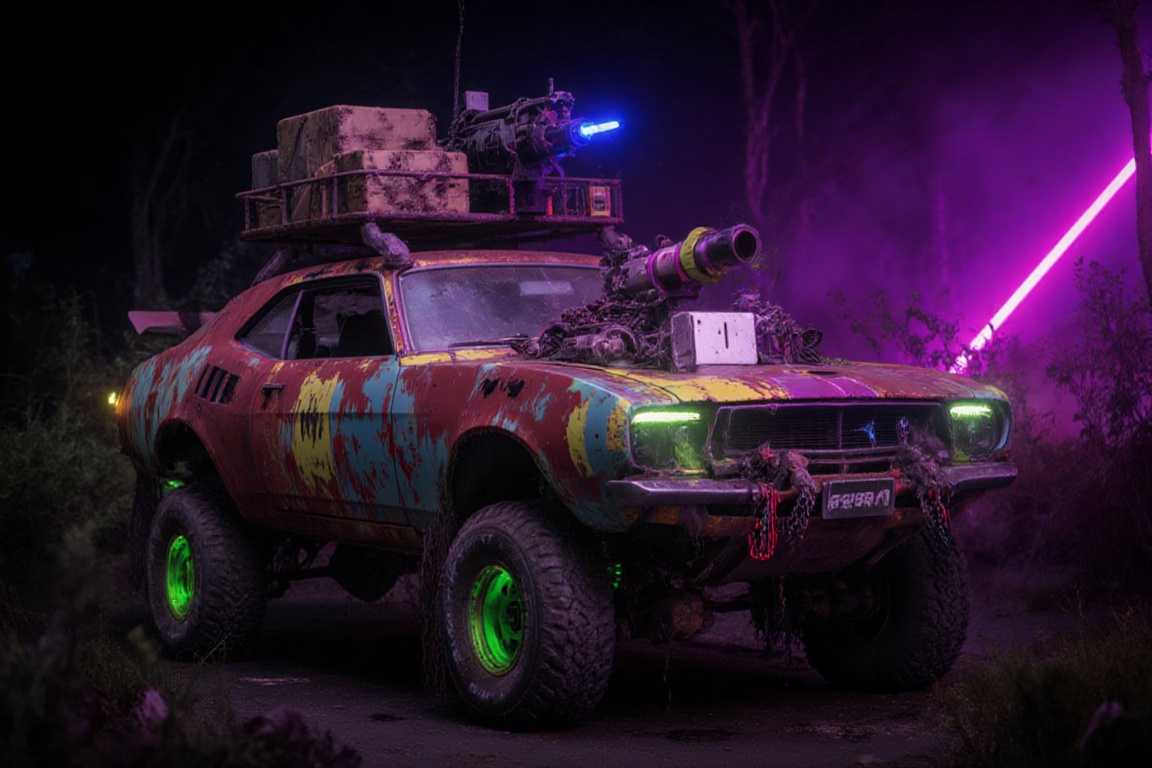 hemi cuda,  automaticaly **** machinegun on the roof,  night on Tensor.Art
