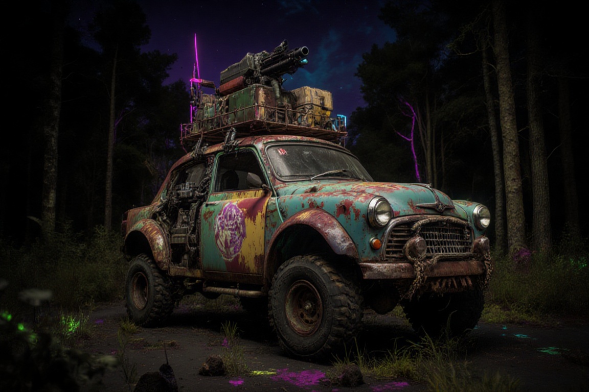 hemi cuda,  automaticaly **** machinegun on the roof,  night on Tensor.Art