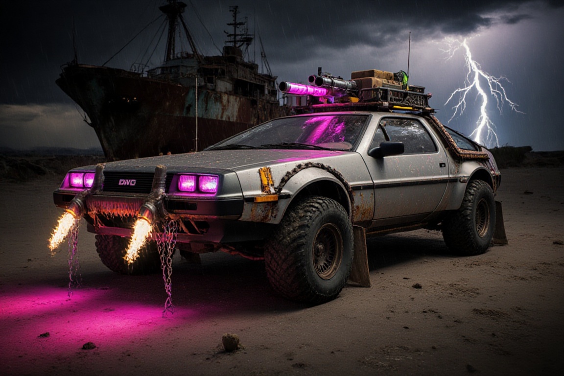 silver Delorean DMC-12 offroad style,  4 bigfoot offroad wheels,  automatic **** lasergun pink neon glowing on the car roo...