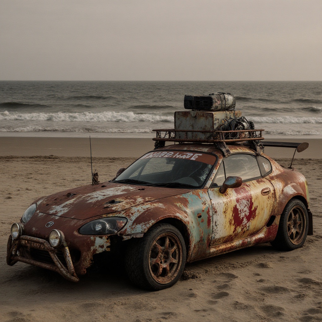 rusty masda rx8,  dried ocean floor,  sand on Tensor.Art