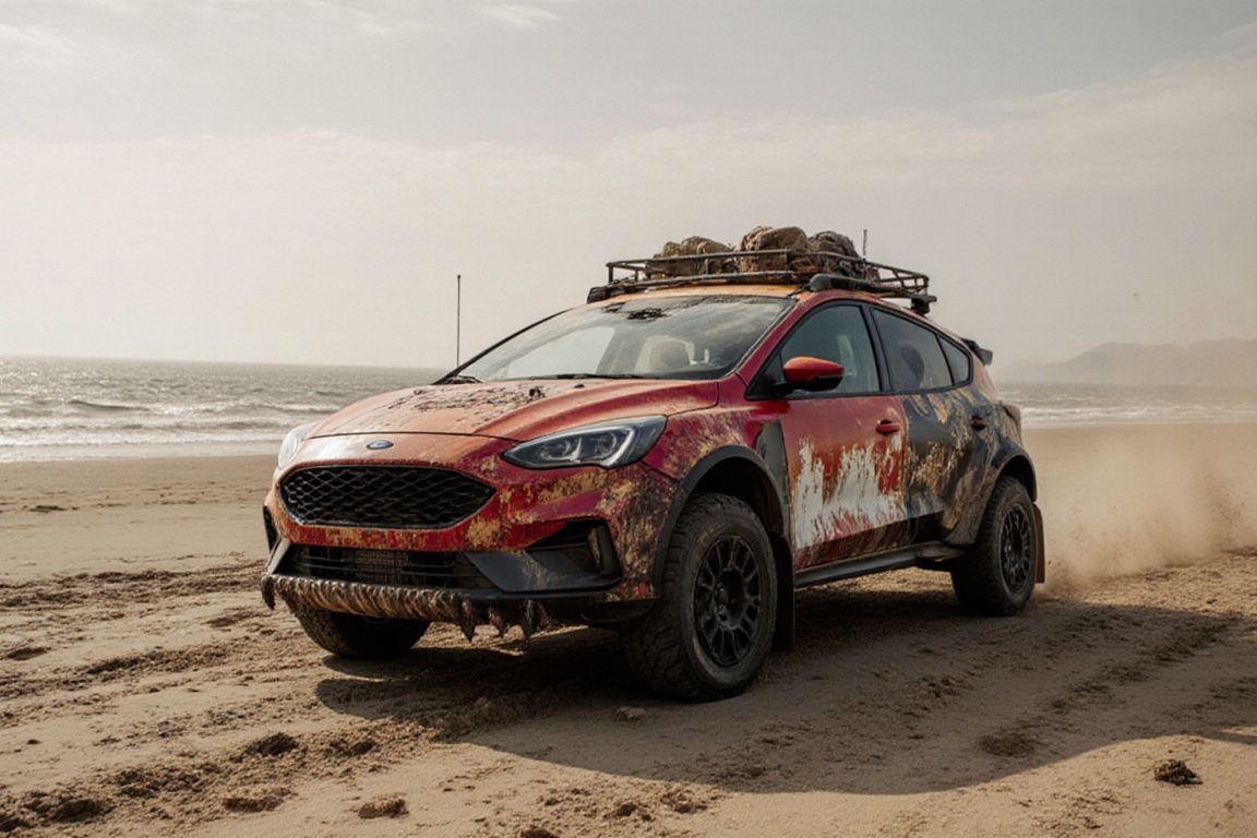 Ford focus sedan,  dried ocean floor,  sand on Tensor.Art