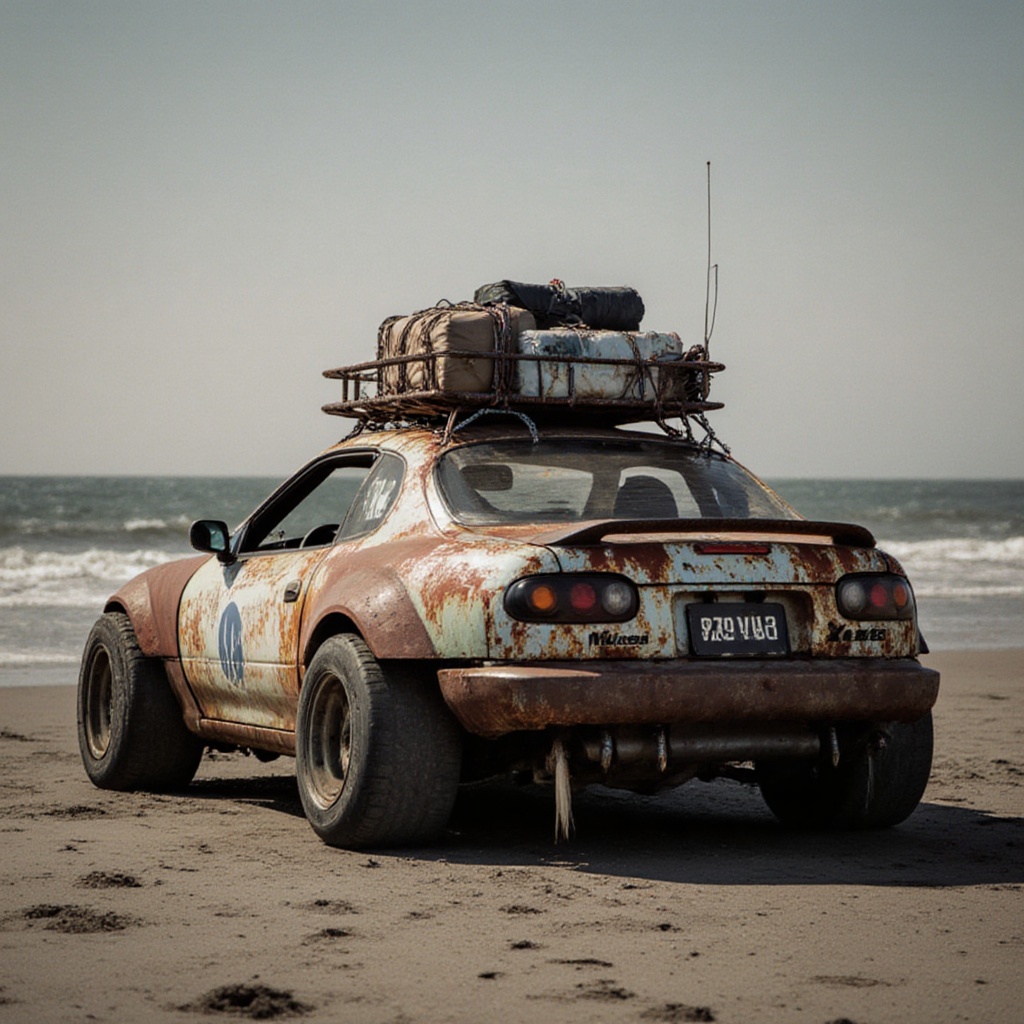 rusty masda rx8,  dried ocean floor,  sand on Tensor.Art