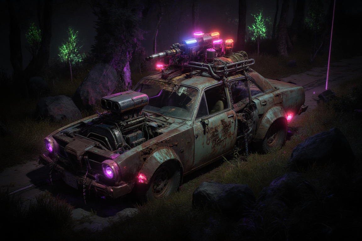 hemi cuda,  automaticaly **** machinegun on the roof,  night on Tensor.Art