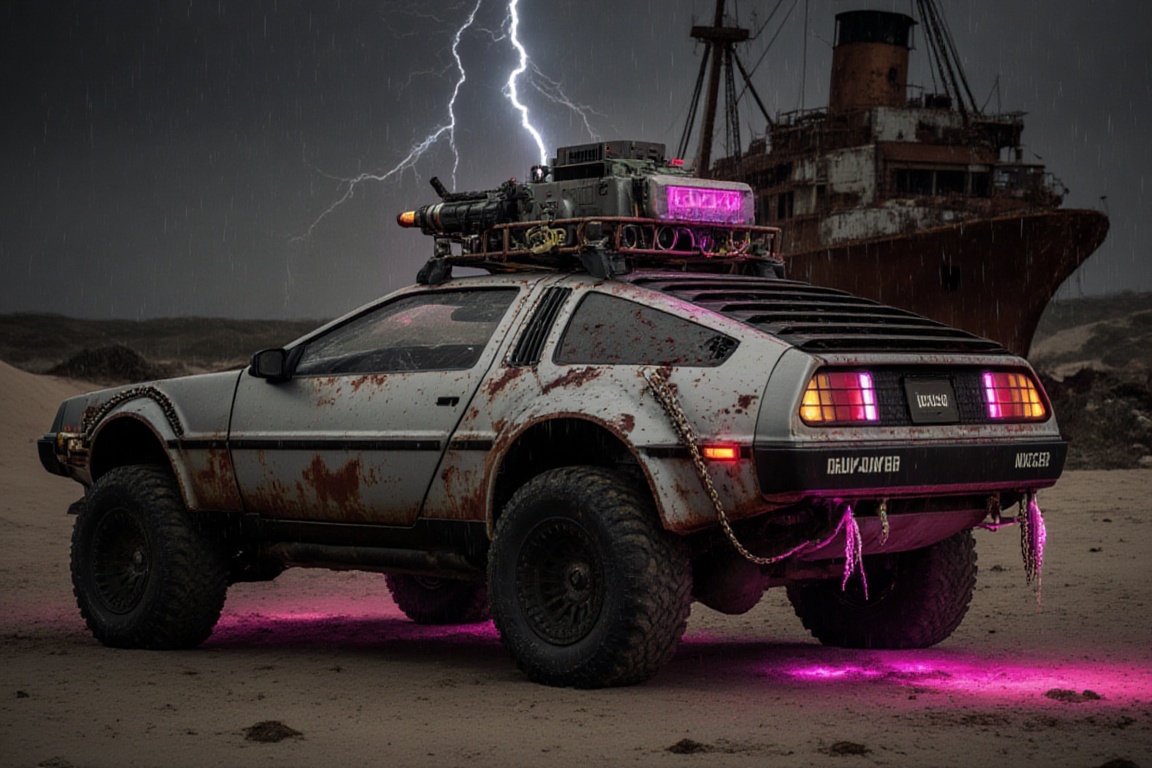 silver Delorean DMC-12 offroad style,  4 bigfoot offroad wheels,  automatic **** lasergun pink neon glowing on the car roo...