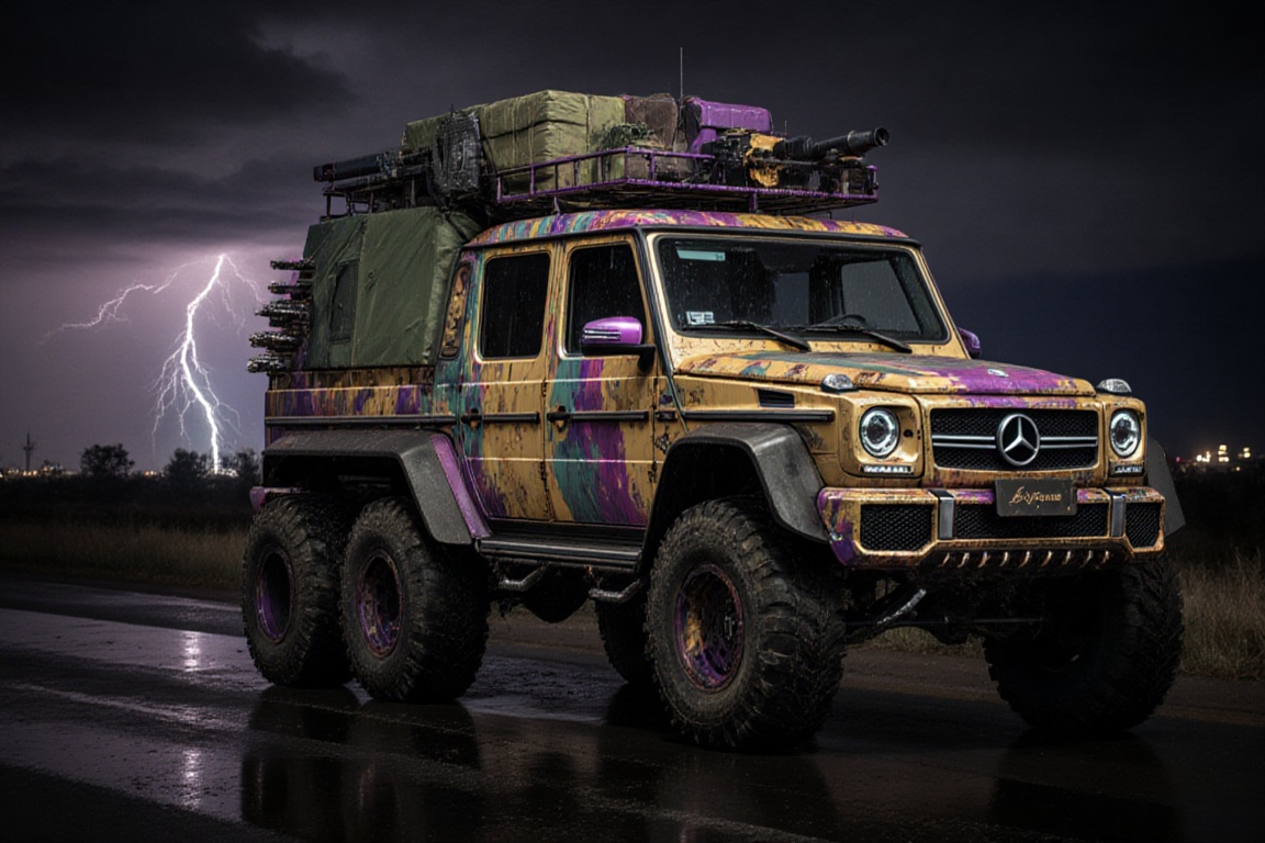 Mercedes-Benz G 63 AMG 6x6,  6 bigfoot car wheels,  **** gun in the trunk on Tensor.Art