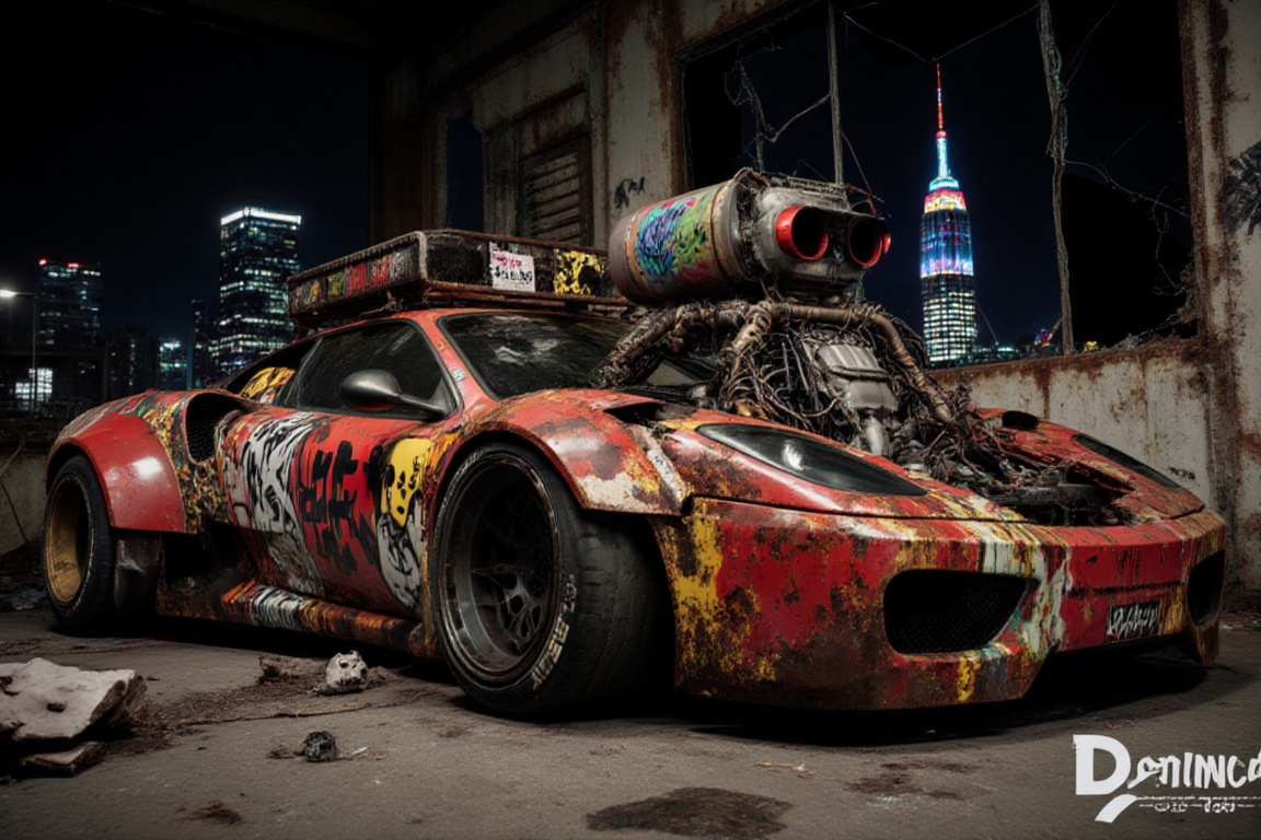 of a wide-body,  rusty off-road red ferrari laferrari ,  featuring black graffiti japanese characters written on it on Ten...
