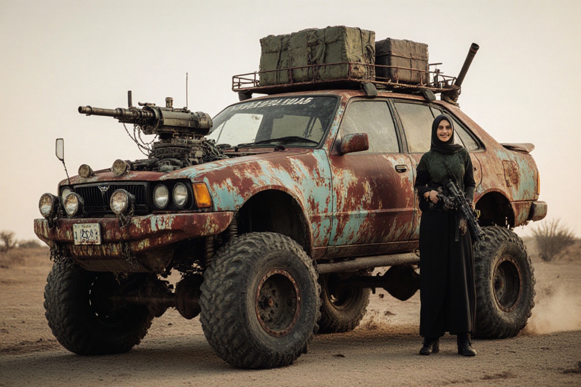 armored wasteland car,  large offroad wheels,  automatic **** machine gun on Tensor.Art