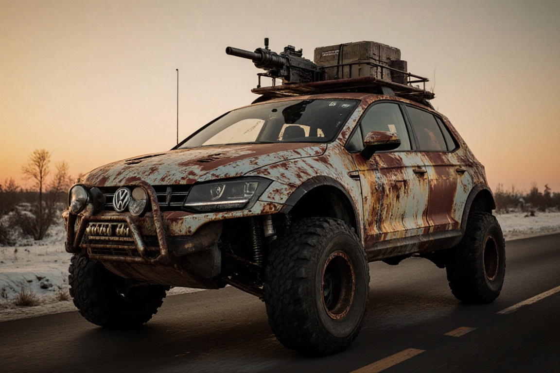 diy rusty car,  4 bigfoot car wheels,  automatic **** machinegun on the car roof on Tensor.Art