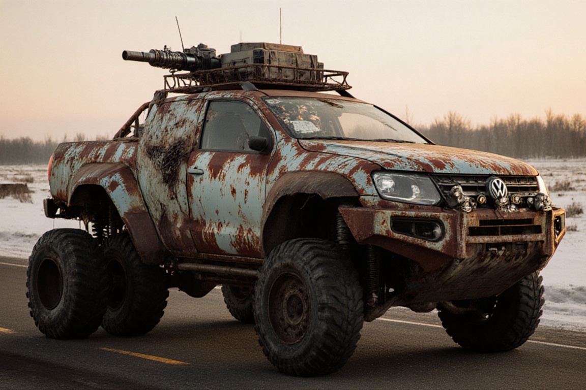 diy rusty car,  4 bigfoot car wheels,  automatic **** machinegun on the car roof on Tensor.Art