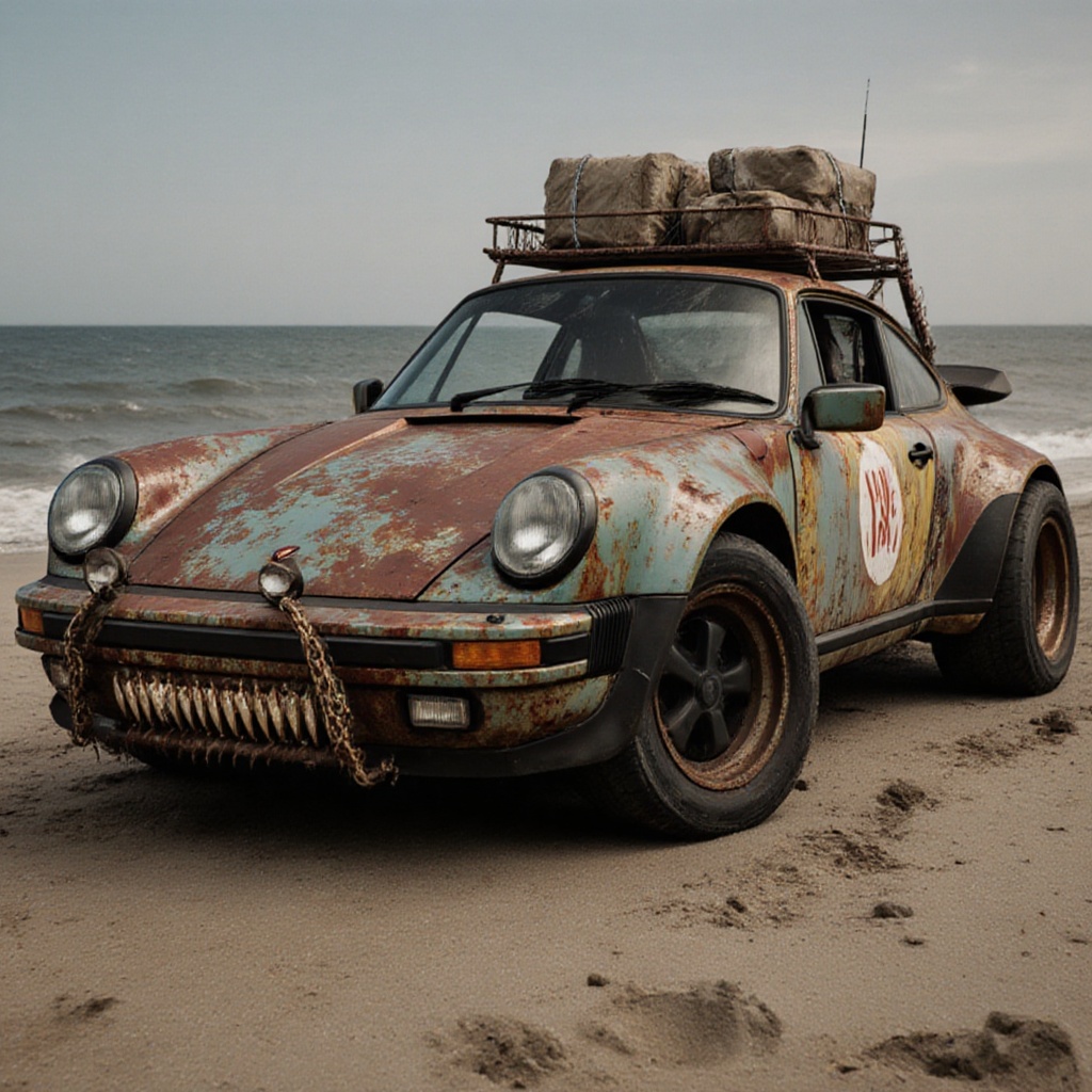 rusty porche 911 pickup truck,  dried ocean floor,  sand on Tensor.Art
