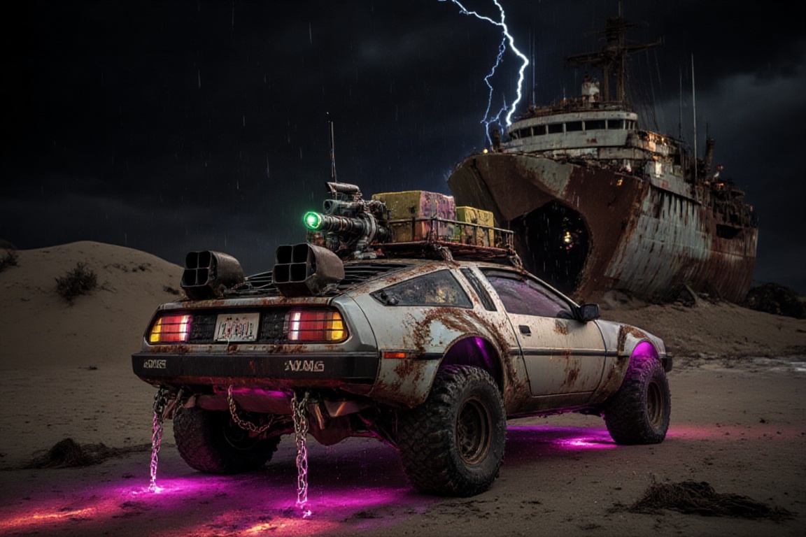 silver Delorean DMC-12 offroad style,  4 bigfoot offroad wheels,  automatic **** lasergun pink neon glowing on the car roo...