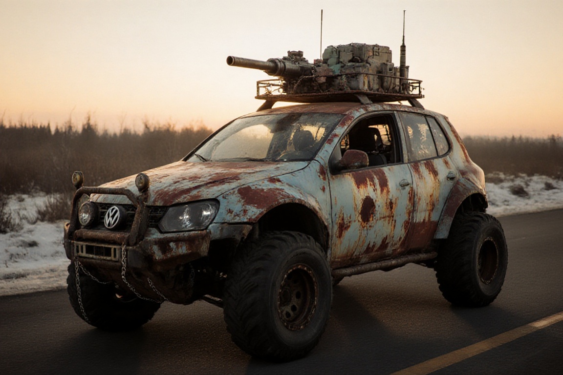 diy rusty car,  4 bigfoot car wheels,  automatic **** machinegun on the car roof on Tensor.Art