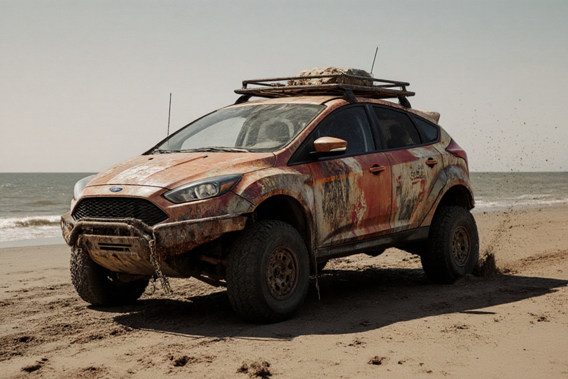 Ford focus sedan,  dried ocean floor,  sand on Tensor.Art