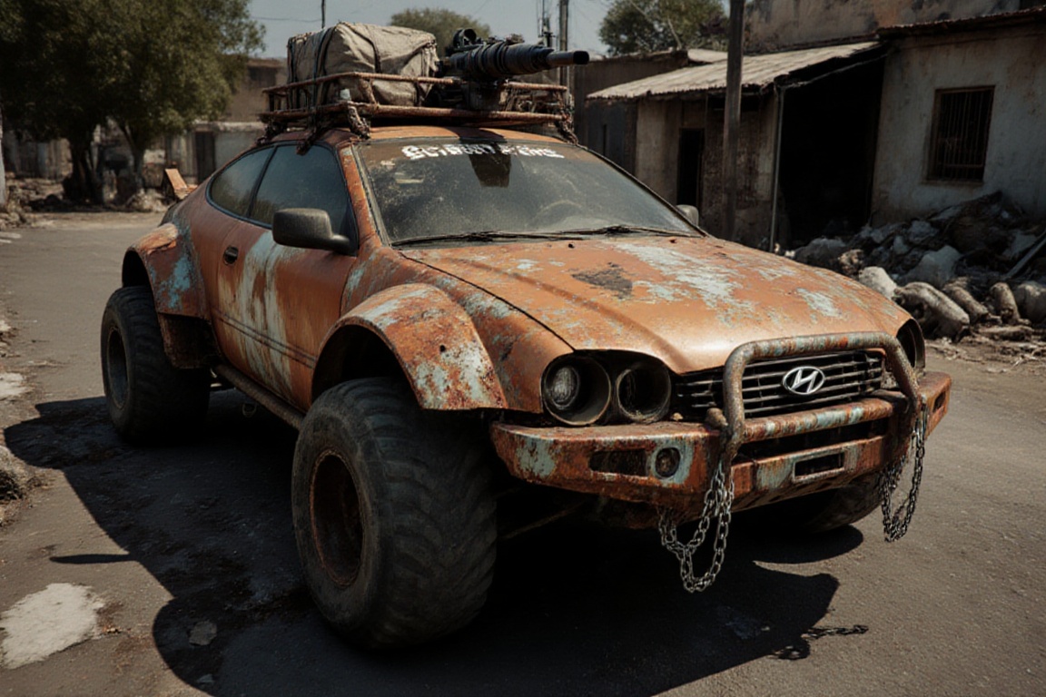 Full shot of a copper-orange Hyundai Solaris,  centered in the frame,  facing forward on Tensor.Art