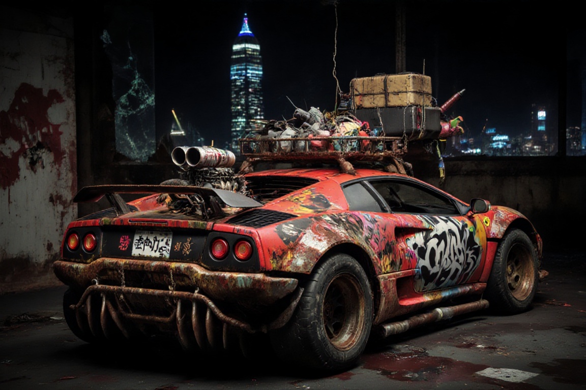 of a wide-body,  rusty off-road red ferrari laferrari ,  featuring black graffiti japanese characters written on it on Ten...