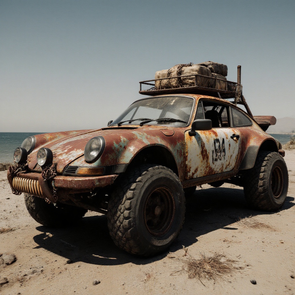 rusty reno clio,  dried ocean floor,  sand on Tensor.Art