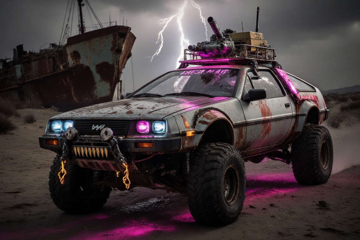 silver Delorean DMC-12 offroad style,  4 bigfoot offroad wheels,  automatic **** lasergun pink neon glowing on the car roo...
