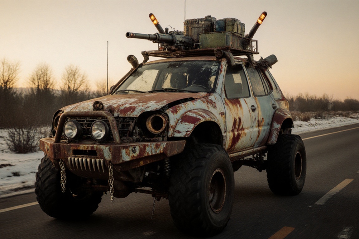 diy rusty car,  4 bigfoot car wheels,  automatic **** machinegun on the car roof on Tensor.Art