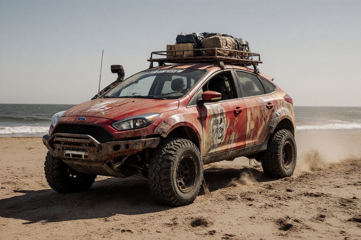 Ford focus sedan,  dried ocean floor,  sand on Tensor.Art