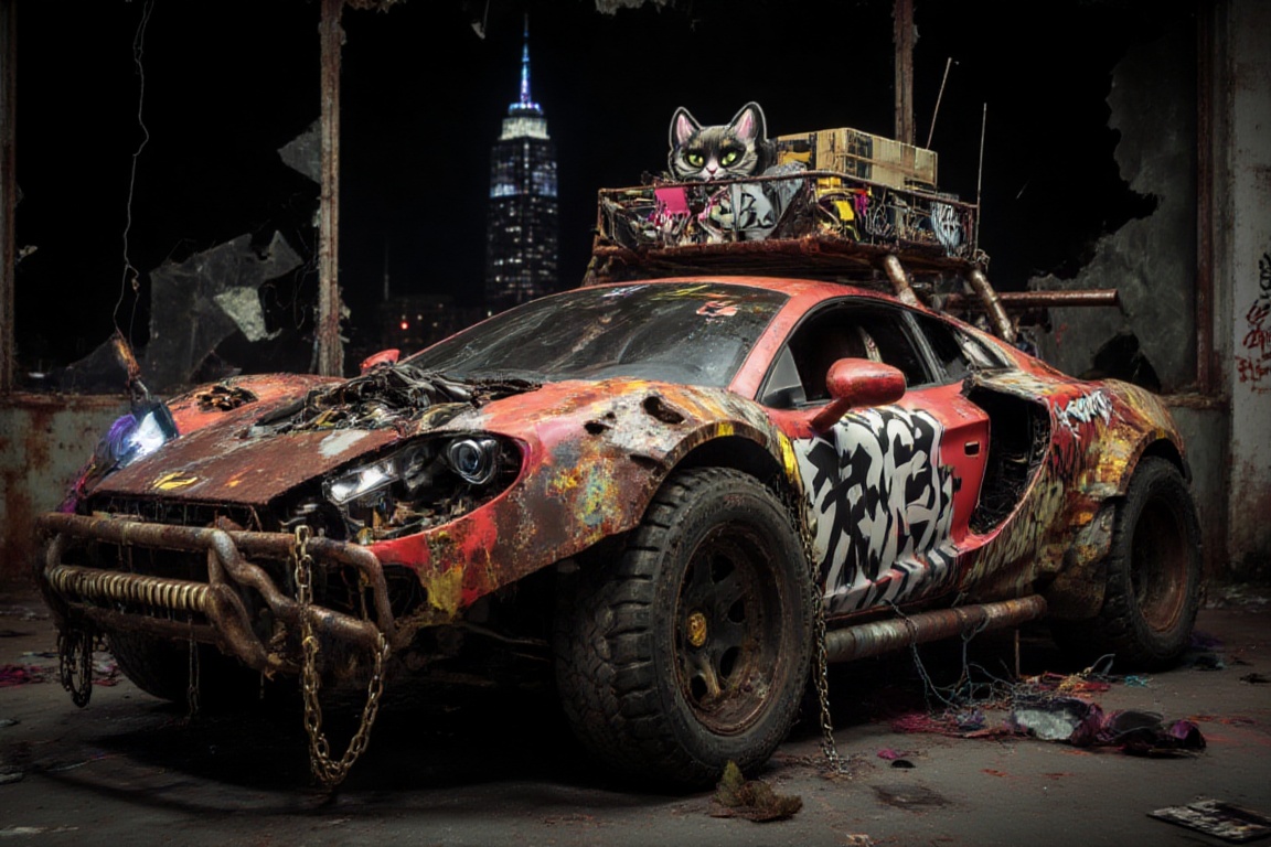 of a wide-body,  rusty off-road red ferrari laferrari ,  featuring black graffiti japanese characters written on it on Ten...