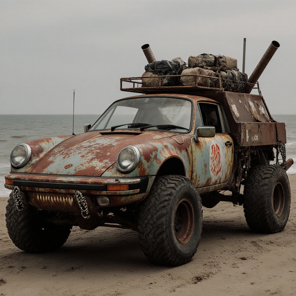 rusty porche 911 pickup truck,  dried ocean floor,  sand on Tensor.Art